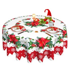 Christmas Tablecloth, Winter Floral Round Tablecloth 60 Inch, Red Xmas Flower Snowflake Table Cloth for Farmhouse Kitchen Decor, Wipeable Polyester Fabric Table Cover for Holiday Party Outdoor Camping