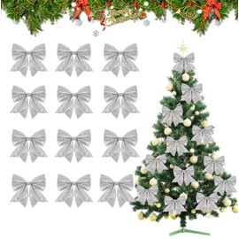 SULOLI Pack of 12 Christmas bows, glitter Christmas arch decorations, silver Christmas tree bow for Christmas tree, Christmas wreath, Christmas tree
