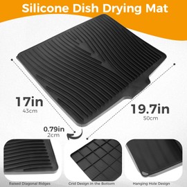 MOOTVGOO 19.7" X 17" Silicone Dish Drying Mat for Kitchen Counter, Dish Drying Pad with Drain Lip, Non-Slip Silicone Draining Mat for Kitchen Sink, Black