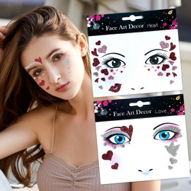 Love Face Sticker Valentine's Day Face Gems Sticker Pink Red Heart Crystals Art Stickers Glitter Face Art Decal Woman Girl Face Eye Decoration for Cosplay,Make Up,Valentine's Day Party 2Sheets (E)