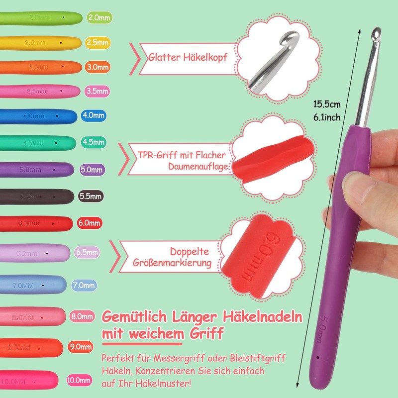 Coopay Crochet Hook Set with Roll Bag, 14 Pieces Ergonomic