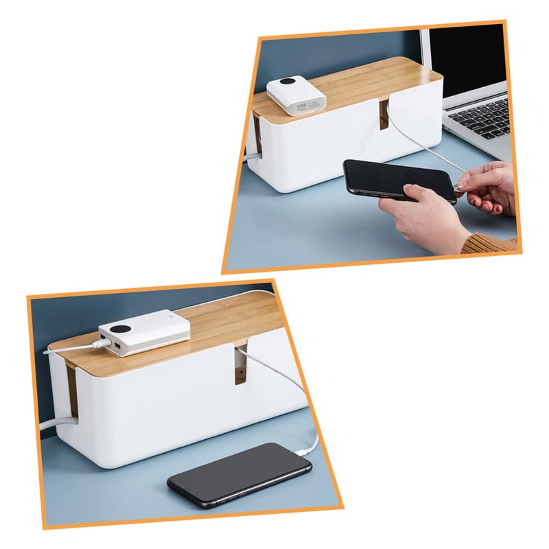 KOMBIUDA Cable Ties Organizer Box with Bamboo Lid Durable Charging