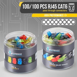 EMS RJ45 Cat6 Pass Through Connectors and Strain Relief Boots, Assorted Colors - Pack of 100/100 | EZ to Crimp Modular Plug for Solid or Stranded UTP Network Cable