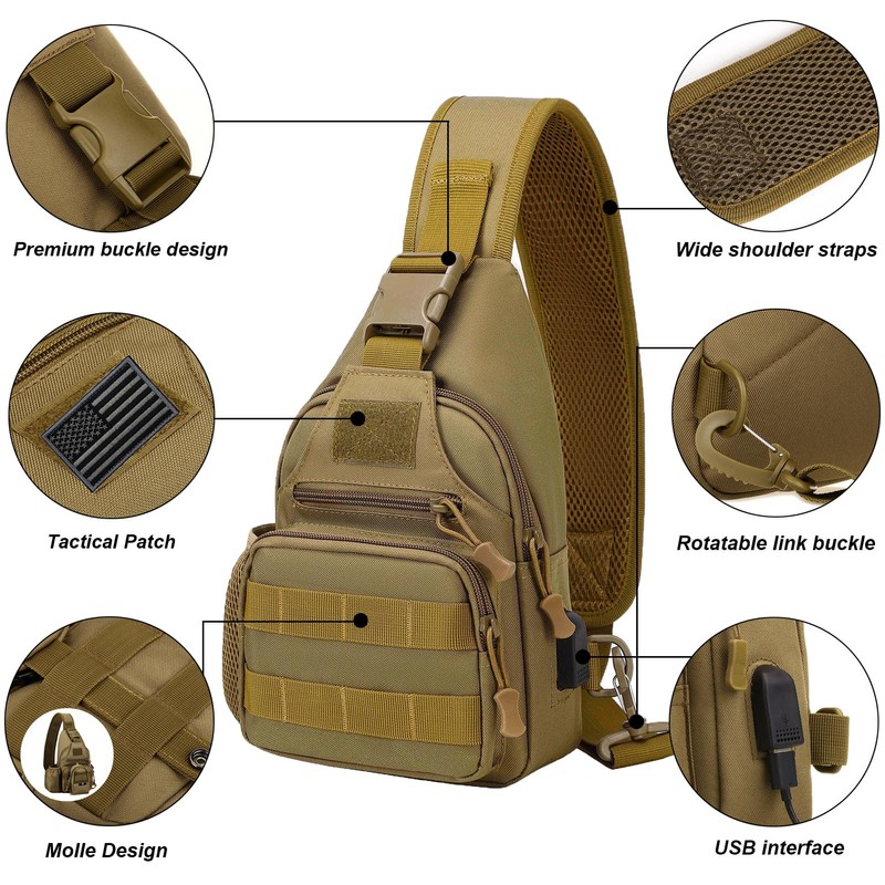 ZHIERNA Tactical Sling Crossbody Backpack with Water Bottle Holder, MOLLE