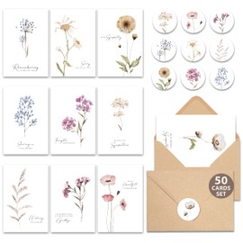 AUDREE 50 Pcs Sympathy Cards with Envelopes (4"x6") - Bulk Condolence Cards with Thoughtful Messages with Adhesive Envelopes and Stickers - Sympathy Cards Single Flower Watercolor