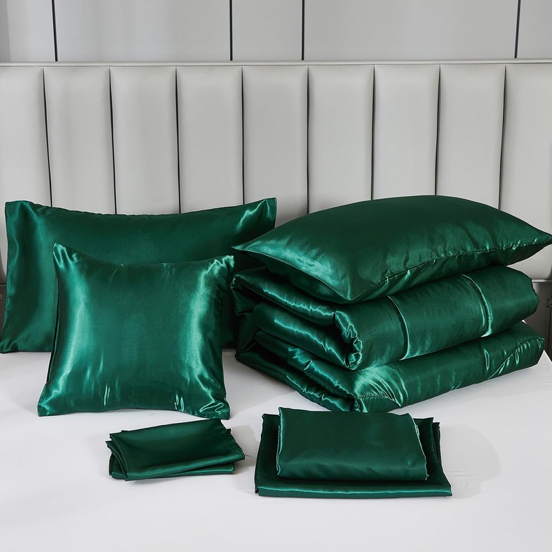 Satin Comforter Set with Sheet Set Queen Silk Like Green