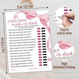 MXLINSW Pink Baby Shower Games for Girl, Guess Who Mom Or Dad Game Cards, 25 Gender Neutral Cards, Pink Bow Gender Reveal Party Supply Kit, Baby Shower Decorations(5''x7'')-A05