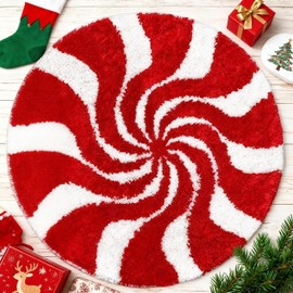 Christmas Bathroom Rugs, Cute Round Mat Tufted Carpet Non Slip,Candy Bath Mat Christmas Decor,Holiday Doormat Y2K Room Decor Red Rug,Soft Floor Carpet for Living Room Bedroom,24 Inch