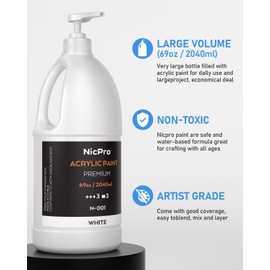 Nicpro White Large Acrylic Paint Set (69 oz, 2040 ml) Rich Art Painting Supplies Non Toxic for Multi Surface, Canvas, Wood, Leather, Fabric Stone Craft, for Kid & Adult with Pump