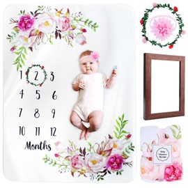 BORDEAG Milestone Blanket Baby Month Blanket Baby Blanket with Floral Pattern Monthly Blanket Baby Boy & Girl Baby Blanket with Month as Gift for Birth 130 x 100 cm
