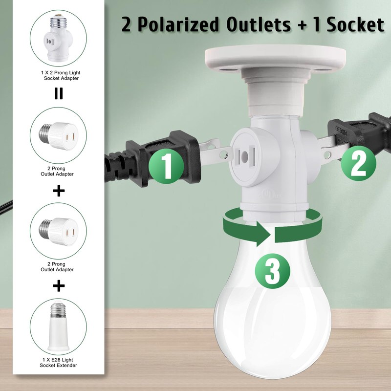 2 Outlet Light Socket Adapter, E26 Bulb Socket to Outlet