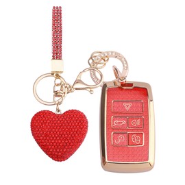 Vicoca for Range Rover key fob cover with Diamond Heart Keychain, Car Accessories TPU for Jaguar XE XJ XF for Sport, Velar, Evoque, Defender, Discovery, Gold Red