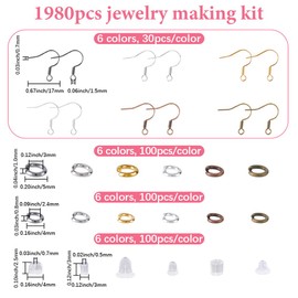 SOFPLATE 1 Box 1980 Pieces 6 Colours Earring Craft Set Fishing Hooks Earring Set with Jump Rings 6 Styles Stud Earrings Accessories Ear Hooks for Jewellery Making DIY Earrings Crafts