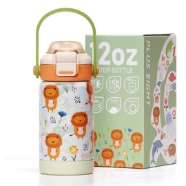 pluseight Kids Metal Water Bottle with Straw, 12 oz BPA-Free Double Wall Vacuum Tumbler 18/8 Stainless Steel Leak Proof Kids Cups with Straw for School Travel Boys Girls (Lion)