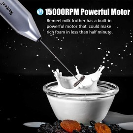 Remeel Handheld Milk Frother with Stainless Steel Whisk, Portable and Powerful Foam Maker for Morning Coffee, Latte, Cappuccino, Hot Chocolate (Silver)