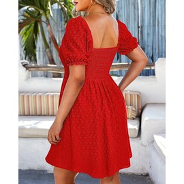 Red Plus Size Dress Valentines Day Milkmaid Summer Casual Short Puff Sleeve Cute Eyelet Babydoll Mini Sundress 2024