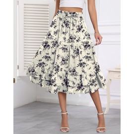 LOUSGUTA Women's Floral Midi Skirt Flowy Layered Ruffle Tiered High Elastic Waist Casual Summer Skirt with Pockets Beige with Black Flower M