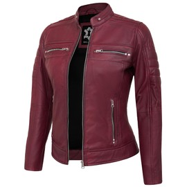 UrbanFocal Maroon Leather Jackets For Women - Real Lambskin Womens Motorcycle Jacket | [101005204] Cafe Racer Maroon, L
