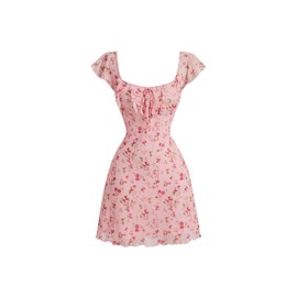 SOLY HUX Women's Vintage Floral Dress Summer Cap Sleeve Mini Dresses Going Out Beach Short Dress Pink Floral Large