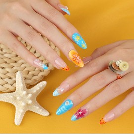 Flowers Press on Nails Short Almond, Full Cover French Tip with Flower and Rhinestones Glitter False Nails Summer Fall Press on Artificial Nail Daily Wear False Nails Decoration for Women 24Pcs