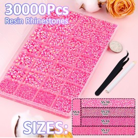TINKRSTUFF 30000Pcs Resin Rhinestones for Bedazzling with Tweezers, Hot Pink AB Rhinestones for Crafting with 3Pcs 10ml B7000 Jewelry Glue for DIY Crafts Clothing Tumblers Shoes Fabric Nail Art