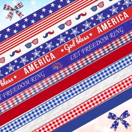 Hying 12 PCS Veterans Day Patriotic Ribbons for Crafting, 3/8" Width Grosgrain Ribbons American Stripes Stars Craft Ribbon Red Blue Labor Day Ribbons for Gift Wrapping Memorial Day Decoration Supplies