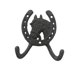 Comfy Hour Antique and Vintage Animal Collection Cast Iron Horse Head Horseshoe Double Key Coat Hooks Wall Hanger Clothes Rack, Heavy Duty Recycled