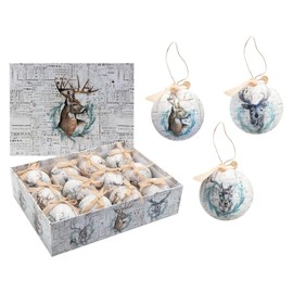 VFM e-Store - Christmas Bauble Decoration Antique Stag Boxed Stocking Filler Xmas Present Celebration Festive Winter Ornaments - 12 piece 7.5cm Bauble Set Stag