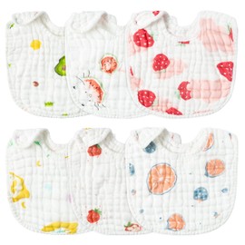 Zainpe 6Pcs Snap Muslin Cotton Baby Bibs Strawberry Lemon Avocado Pattern Infants Feeding Bib Adjustable Machine Washable Unisex Burp Cloths with 6 Absorbent & Soft Layers for Drooling and Teething