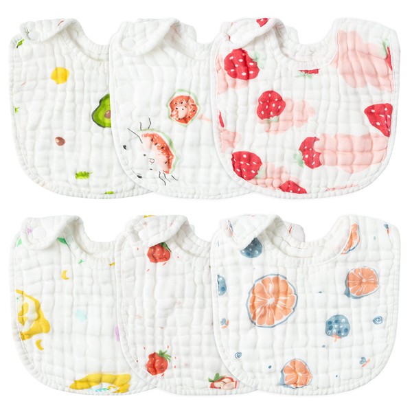 Zainpe 6Pcs Snap Muslin Cotton Baby Bibs Strawberry Lemon Avocado
