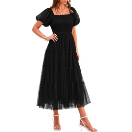 PRETTYGARDEN Women's Smocked Midi Tulle Dress 2025 Summer Puffy Short Sleeve Square Neck Ruffle Wedding Guest Party Dresses (Black,Large)