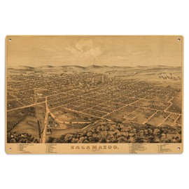 Lantern Press 6x9 Inch Wood Sign, Ready to Hang Wall Decor, Kalamazoo, Michigan, (1874), Panoramic Map