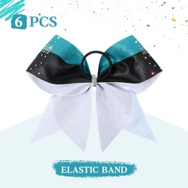 6PCS Large Glitter Cheer Bows Black and Teal 8" Rhinestones Stiff Competition Hair Bows Two Colors Elastic Band for Cheerleaders Girls -Black/Teal