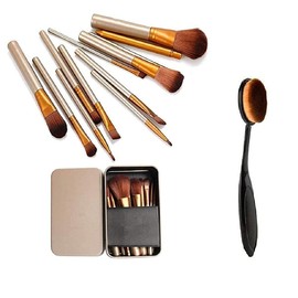 METREY Naked Makeup Brush Tool Set of 12 with storage box + Professional Oval Foundation Brush (Pack of 2) - Multicolor