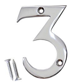 RCH Hardware 2273CP075 | Solid Brass 3" Tall House Number 3, Polished Chrome Shiny Silver Matching Screws Included