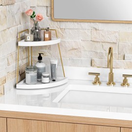 Forbena Corner Bathroom Counter Organizer, White and Gold Countertop Shelf Organizer for Kitchen Sink, 2 Tier Makeup Vanity Tray for Dresser Tops Decor, Corner Shelf for Girls Bedroom Storage