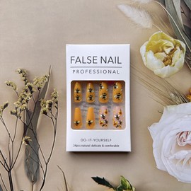 Spring Press on Nails Coffin Fake Nails Full Cover Medium Length Yellow False Nails with Bee Yellow Flower Design Cute Bee Press ons Nail Tips Glossy Acrylic Glue on Nails for Women Manicure