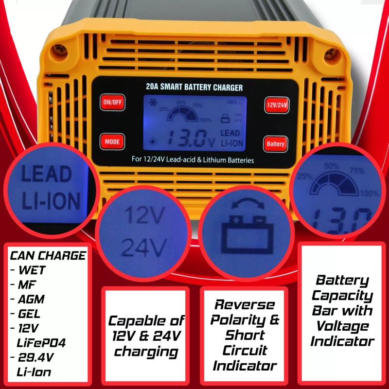 Banshee 12V/20A 24V/10A Automatic Battery Charger, with LCD Display &