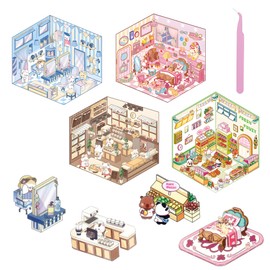 DIY 3D Scenes Stickers, 4 Sets Fun 3D Scene Miniature Scene Stickers, Make Your Own Mini Cute House Sticker, Cute 3D Cartoon for Adult Kids Relief Stress Pass The Time
