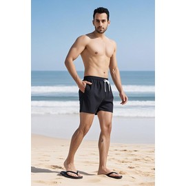 LUYIJIESHENG - Traje de baño para hombre, de 5 pulgadas, secado rápido, forro de malla, pantalones cortos de playa, para hombres, trajes de baño, Negro -, Large