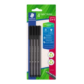 STAEDTLER Triplus, 334 R-9BK Triplus, Black, Recycled Plastic, Superfine, Metal-Encased 0.3 mm Tip, Long Life, 4 Black Fineliners on Blister Card