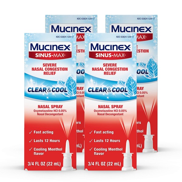 Mucinex Nasal Decongestant Spray, Sinus-Max Severe Nasal Congestion Relief Clear & Cool Nasal Spray, Lasts 12 Hours, Fast Acting, Cooling Menthol Flavor, Packaging May Vary, 0.75 Fl Oz (Pack of 4)