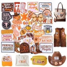 Meneng Fall Iron On Patches for Clothing: 32 Pack Autumn Pumpkin Leaves Embroidered Patches for Jackets Hats Backpacks - Western Thanksgiving DIY Decor