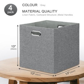 Bellzacasa Storage Cubes, 13×13×13 Linen Fabric Collapsible Storage Bins for Organization, Foldable Storage Baskets Boxes with Handles for Closet, Shelf, Offices, Bookcase, Toys, Set of 4, Gray