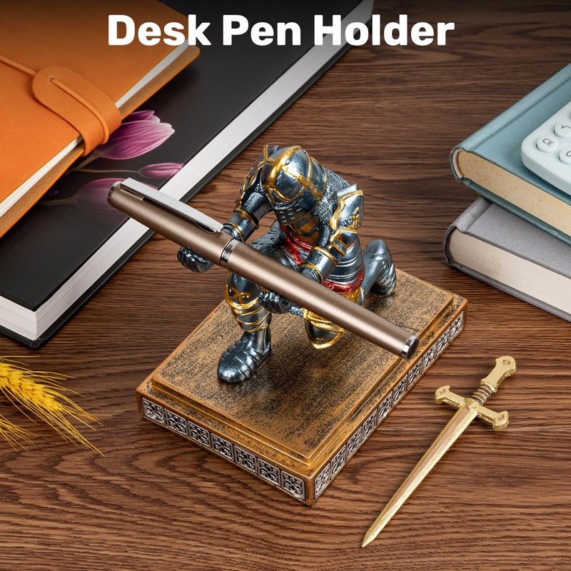 Akulgaci Medieval Knight Pen Holder with Sword, Kneeling King's Guard