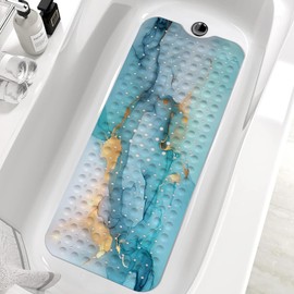 Marble Bath Tub Mat Non Slip, Green Blue Marble Non Slip Bath Mat for Shower, Large Washable Shower Mats for Showers with Drain Holes and Suction Cups,40 X 16 Inch