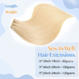 Platinum Blonde Hand Tied Weft Hair Extensions 20 Inch 100Gram Real Human Hair Bundles #60 Blonde Sew in Hair Extensions Hand Tied Double Weft Remy Hair Silky Straight Blonde Hair Bundles for Women