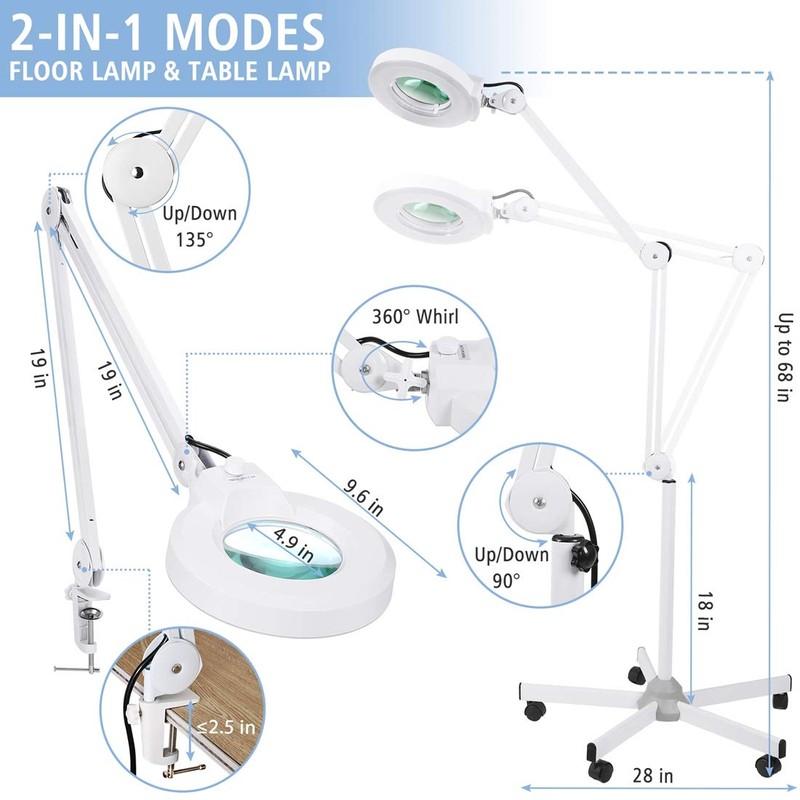 10X Magnifying Floor Lamp with 5 Wheels Rolling Base for