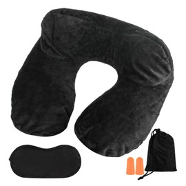 Air-Filled Travel Pillows for Sleeping Airplane Neck Support for Traveling Pillow Inflatable Travel Neck Pillows for Air-Filled Neck Pillow Airplane, with Eye Masks, Earplugs (Black, Adult)