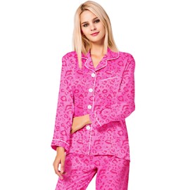 SWOMOG Womens Silk Satin Pajamas Loungewear Two-piece Sleepwear Button-Down Pj Set Hot Pink Leopard Medium